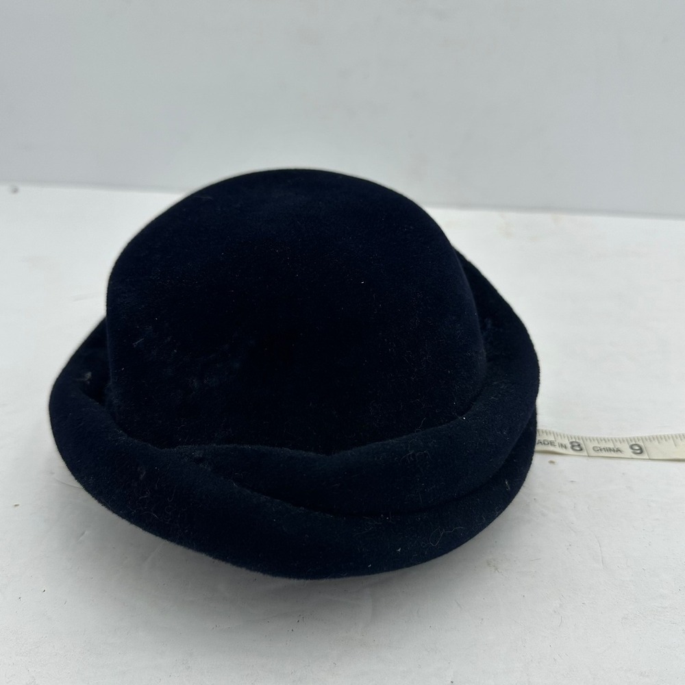 Premier Vintage Navy Blue Velour Pillbox Hat Rolled Brim Church Formal MCM